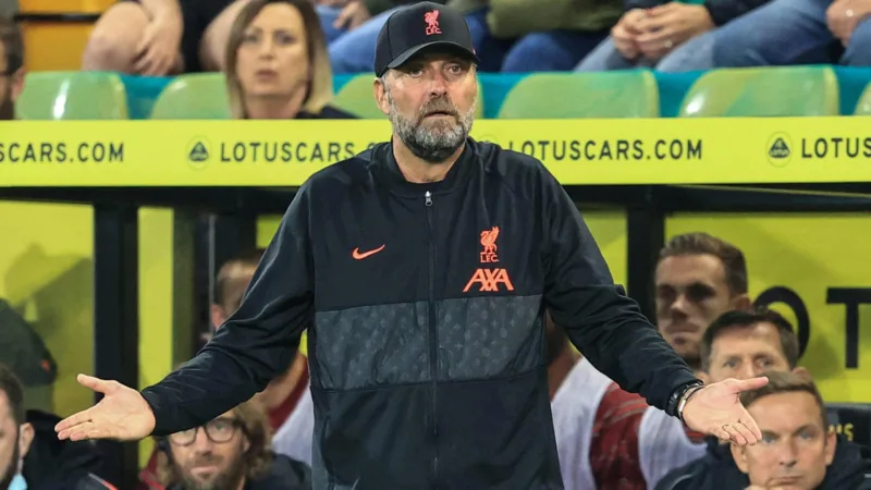 Carabao Cup Norwich City v Liverpool Jürgen Klopp manager of Liverpool reacts to a mistake from Ibrahima Konate 5 of Li