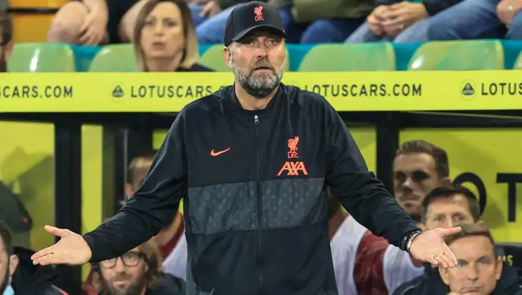 Carabao Cup Norwich City v Liverpool Jürgen Klopp manager of Liverpool reacts to a mistake from Ibrahima Konate 5 of Li