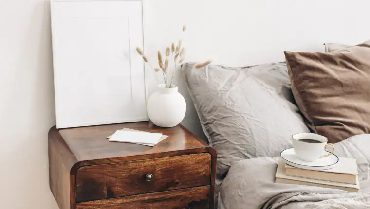 Portrait,White,Frame,Mockup,On,Retro,Wooden,Bedside,Table.,Modern