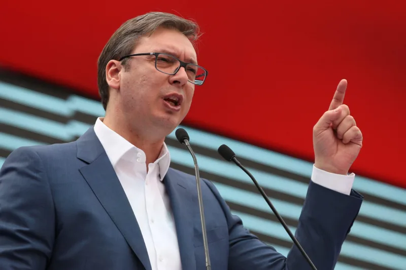 Serbian Prime Minister and President-elect Aleksandar Vucic speaks during his rally in Novi Sad