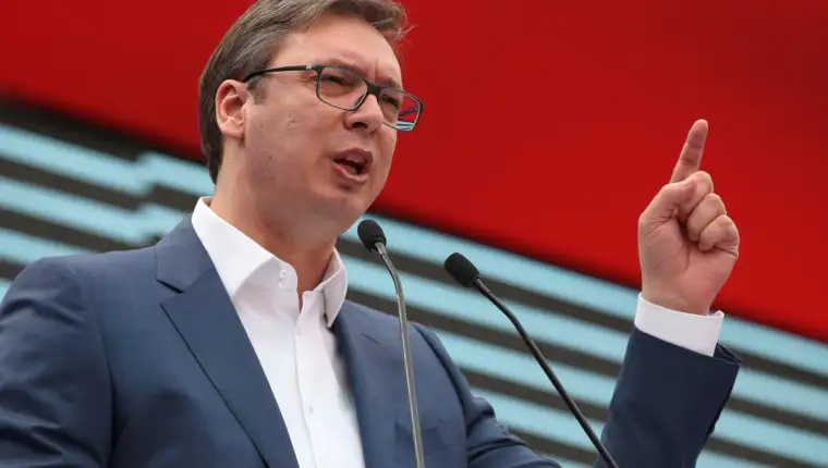 Serbian Prime Minister and President-elect Aleksandar Vucic speaks during his rally in Novi Sad