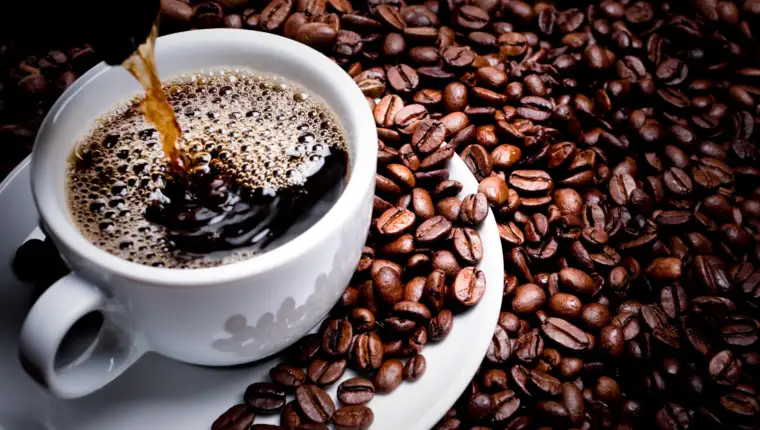 Mug on plate filled with coffee surrounded by coffee beans