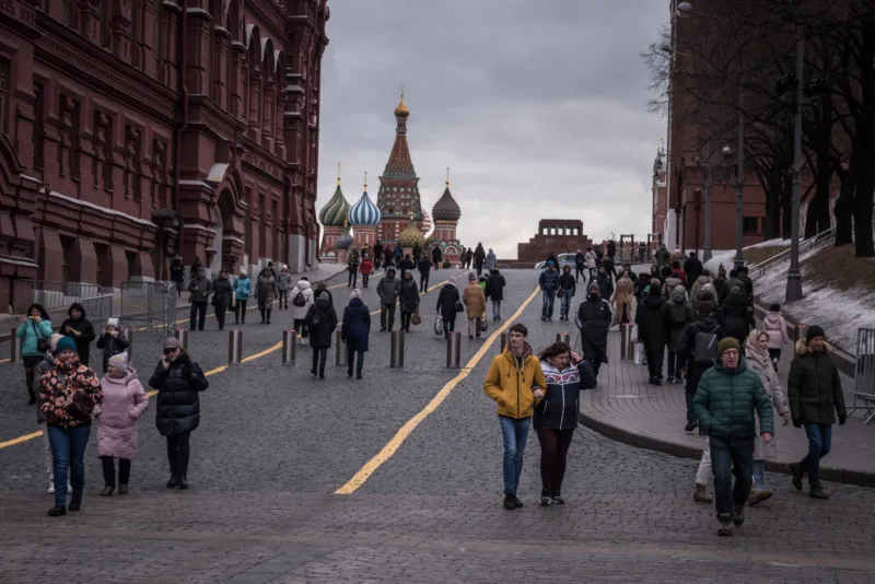 Pedestrians near Red Square in Moscow, Feb. 26, 2022. (The New York Times)