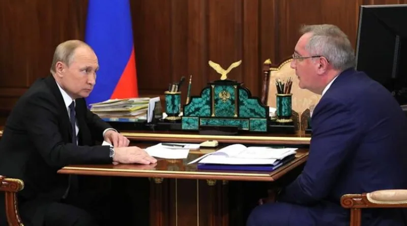 August 1 2019 Russia Moscow Russian President Vladimir Putin left and Dmitry Rogozin Gen