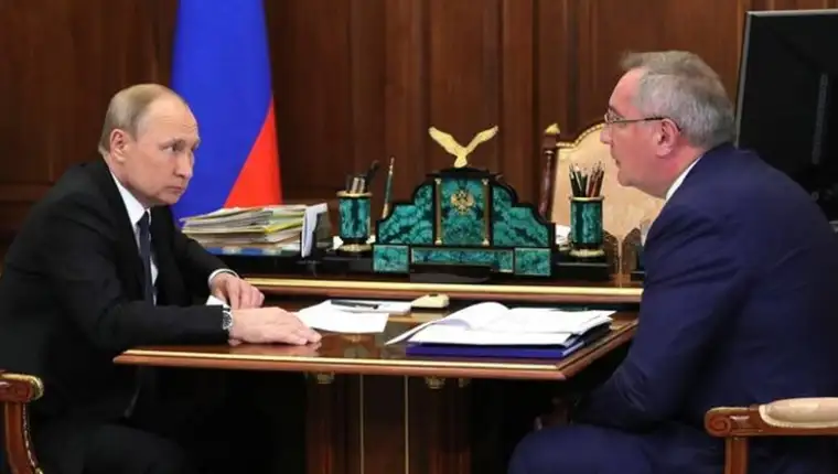 August 1 2019 Russia Moscow Russian President Vladimir Putin left and Dmitry Rogozin Gen
