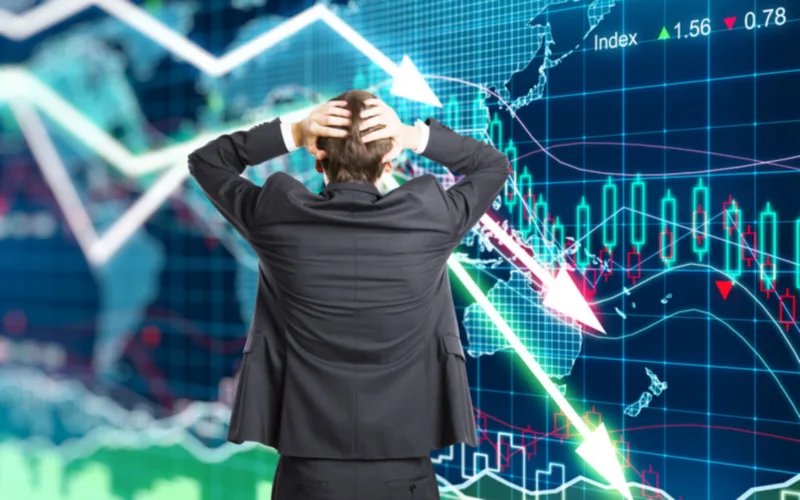 Illustration of the crisis concept with a businessman in panic