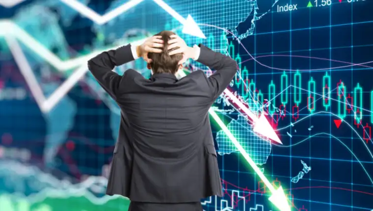 Illustration of the crisis concept with a businessman in panic