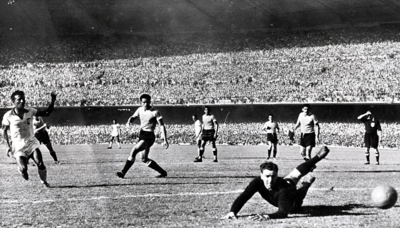 World Cup Final, 1950. Maracana Stadium, Rio De Janeiro, Brazil. 16th July, 1950. Brazil 1 v Uruguay 2. Uruguayan goalkeeper Maspoli dives to try to reach a Brazilian shot, but it went wide during this virtual World Cup Final.