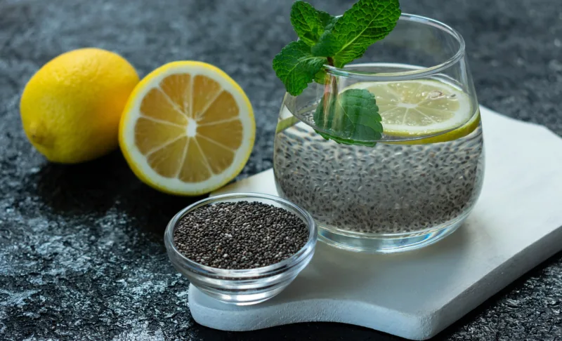 Water with chia seeds and lemon. Slimming drink.