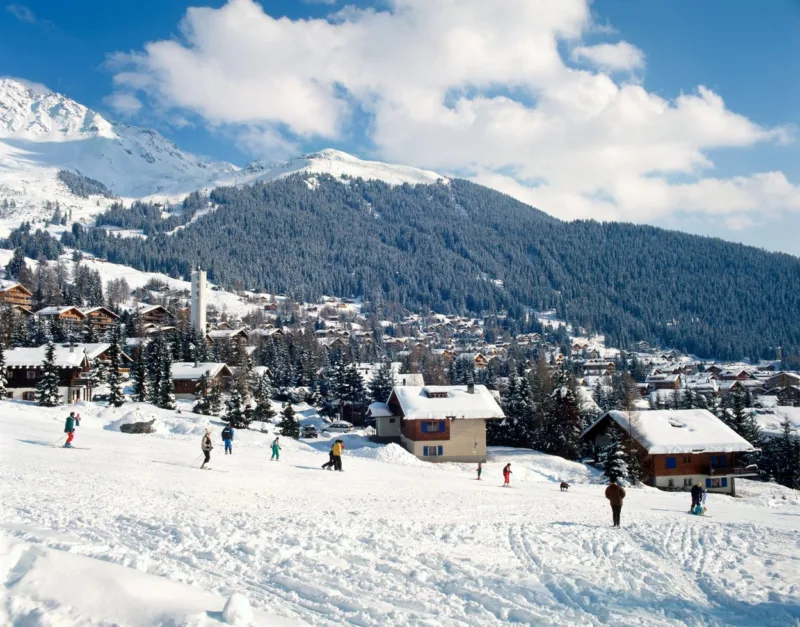 View over the nursery slopes near the resort centre, Verbier, Switzerland