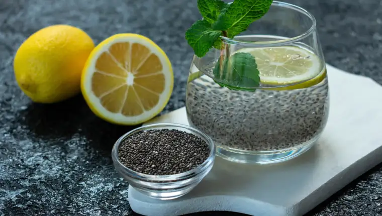 Water with chia seeds and lemon. Slimming drink.