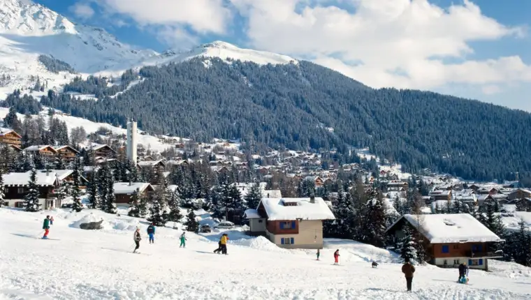 View over the nursery slopes near the resort centre, Verbier, Switzerland