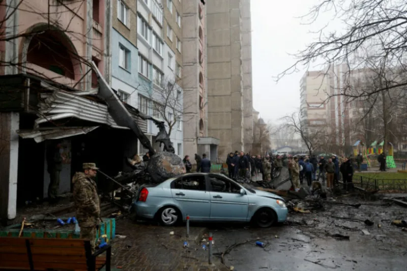 Site of a helicopter falling on civil infrastructure buildings in Brovary