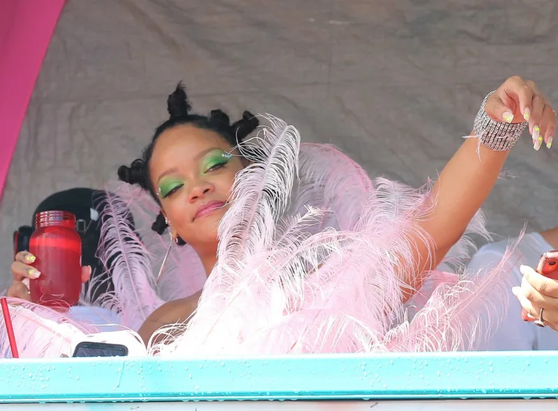 Rihanna is pictured on a float at carnival in Barbados