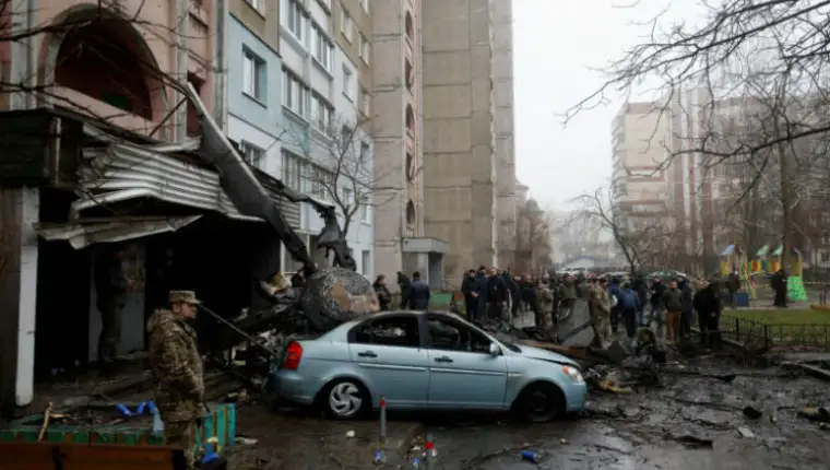 Site of a helicopter falling on civil infrastructure buildings in Brovary
