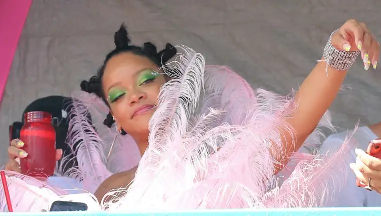 Rihanna is pictured on a float at carnival in Barbados