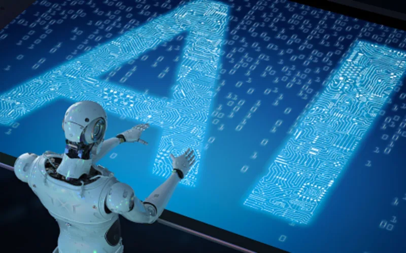 3d rendering humanoid robot with ai text in ciucuit pattern
