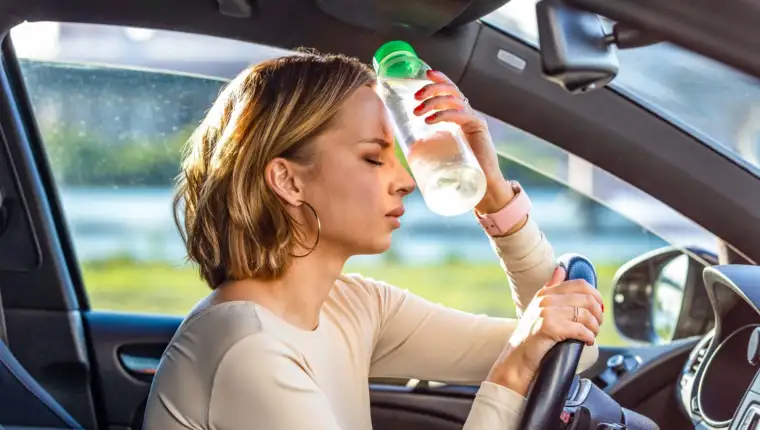 Exhausted,Woman,Driver,Feeling,Headache,,Sitting,Inside,Her,Car,,Applies