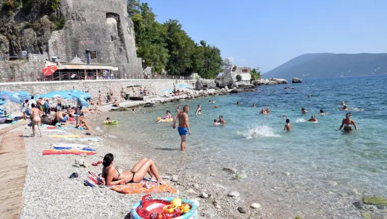 Herceg-Novi beach, Montenegro. Forte Mare in the background. Aug 2018