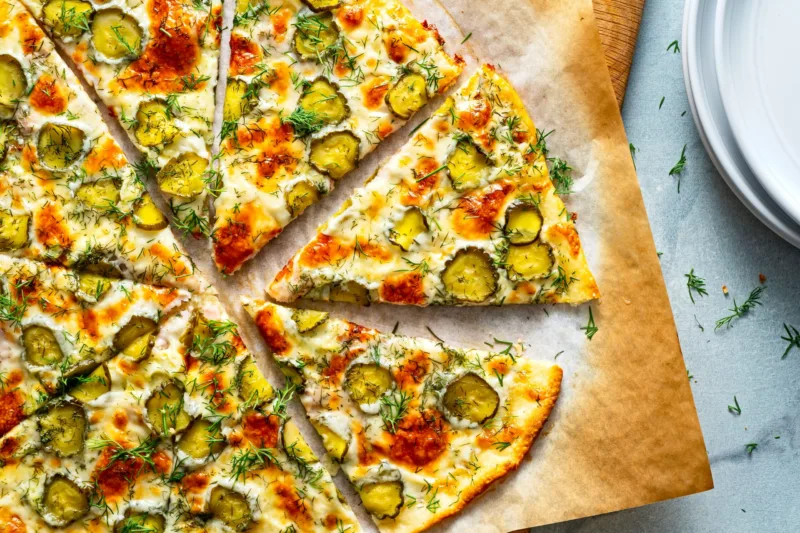 Thin-crust pickle pizza to go with pickle topping trend story in Voraciously
