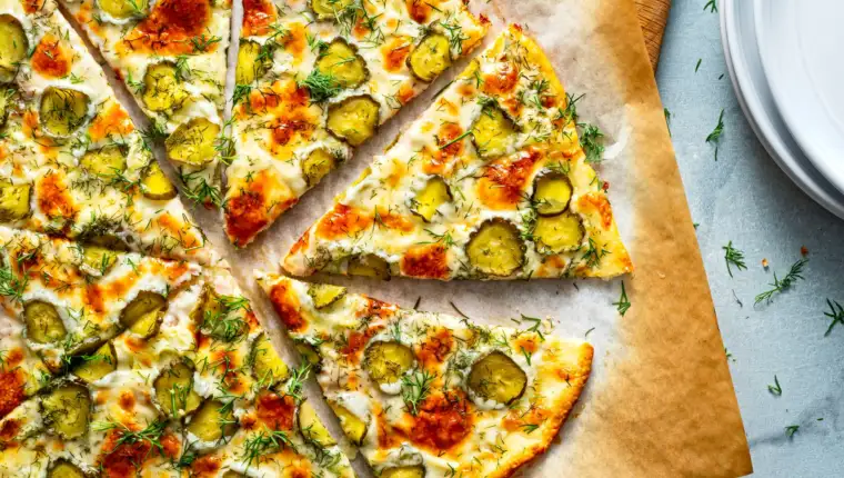 Thin-crust pickle pizza to go with pickle topping trend story in Voraciously