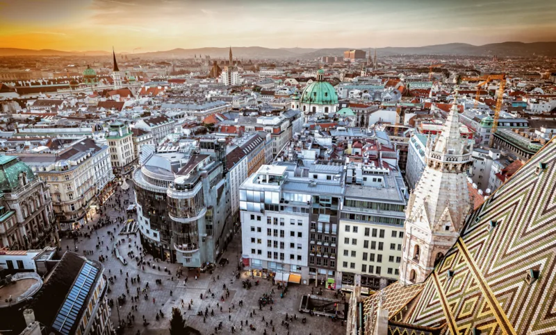 Vienna,At,Sunset,,Aerial,View,From,Above,The,City