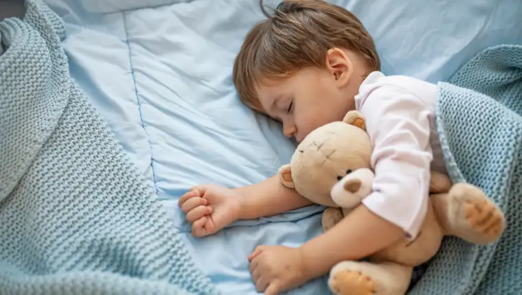 Healthy,Child,,Sweetest,Blonde,Toddler,Boy,Sleeping,In,Bed,Holding