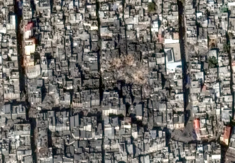 A satellite image shows an overview of Jabalia after explosions