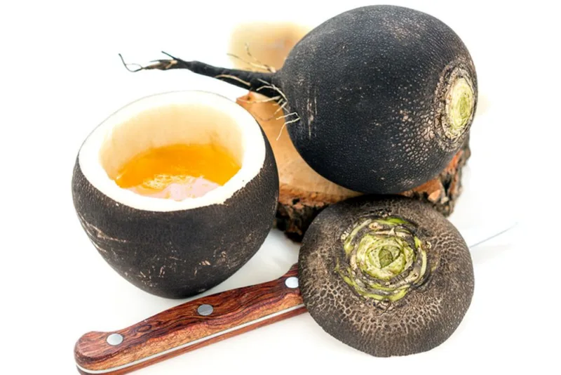 Honey and black radish close-up.