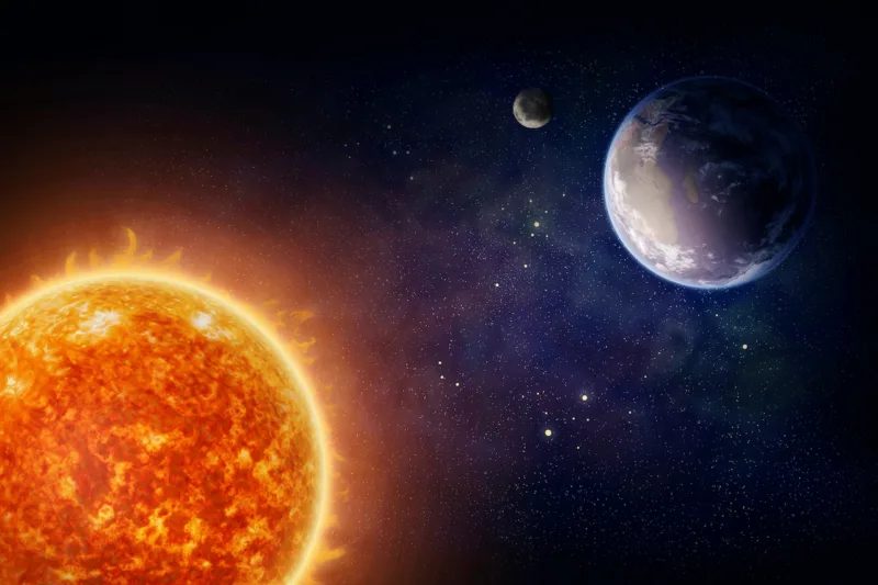 View of the sun, the Earth and the moon