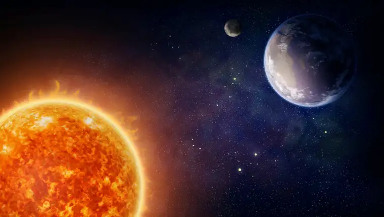 View of the sun, the Earth and the moon