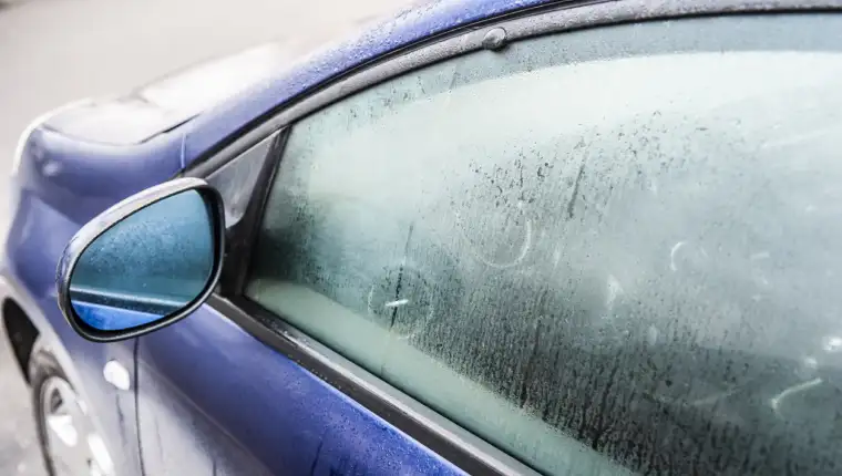 Steamy car window on a autumn rainy/foggy day. Concept of safety driving problem