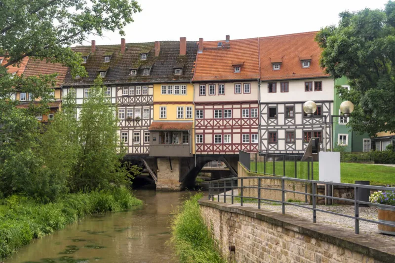 View of Krämerbrucke bridge with the historic houses on the Gera river, Erfurt, Germany