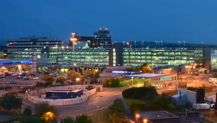 Manchester Airport at night from hotel window