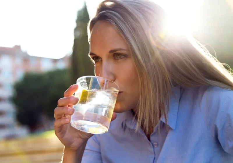 Beautiful young woman drinking soda in a restaurant terrace.