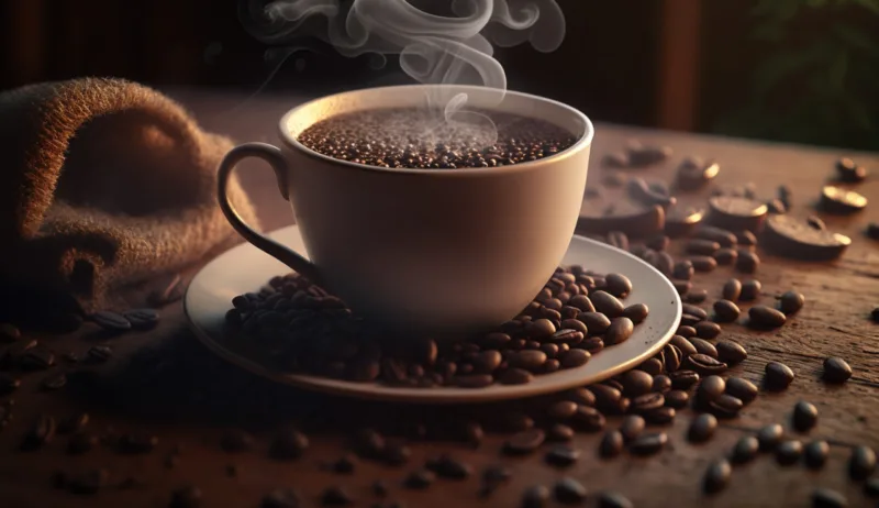 Close up coffee cup on wooden table, steam rising ,generative AI