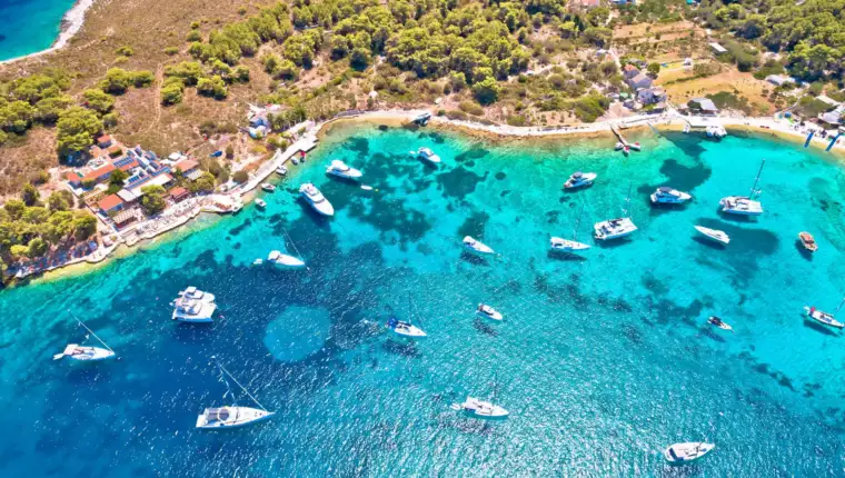 Hvar,Archipelago,Sailing,Turquoise,Beach,Aerial,View.,Island,Of,Marinkovac