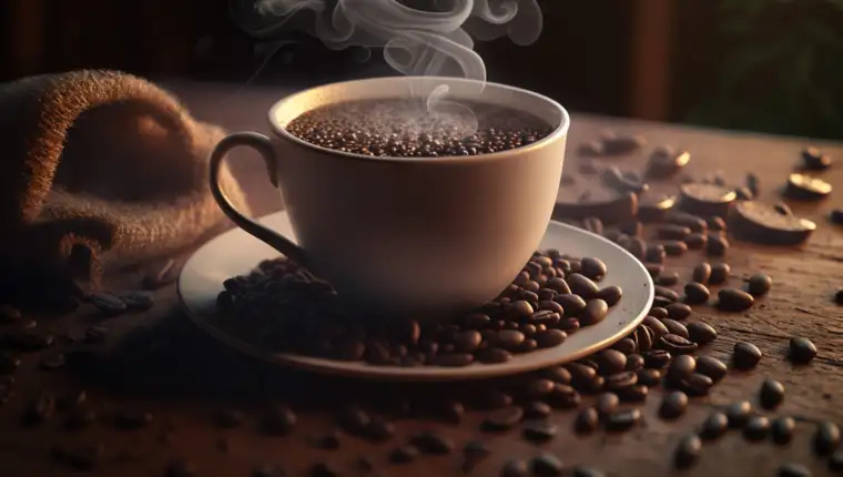 Close up coffee cup on wooden table, steam rising ,generative AI