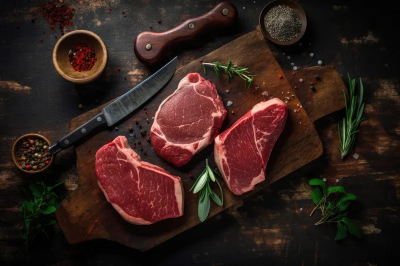 Raw meats with spices and utensils on a rustic cutting board and dark wood. Top view. Ai generative
