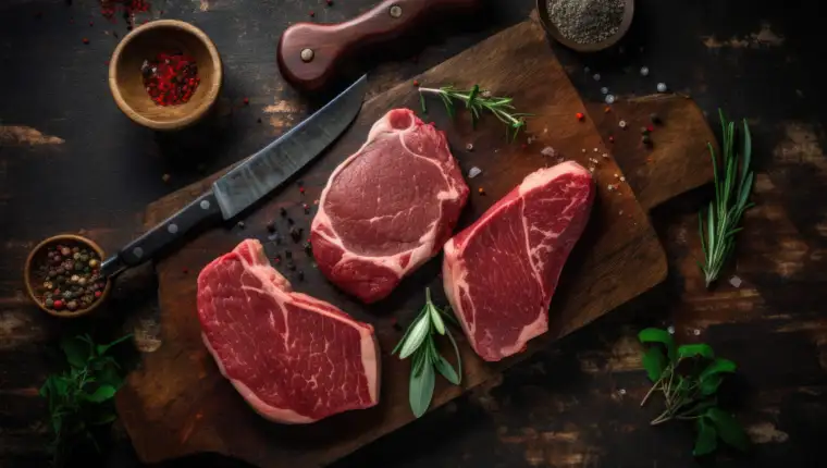 Raw meats with spices and utensils on a rustic cutting board and dark wood. Top view. Ai generative