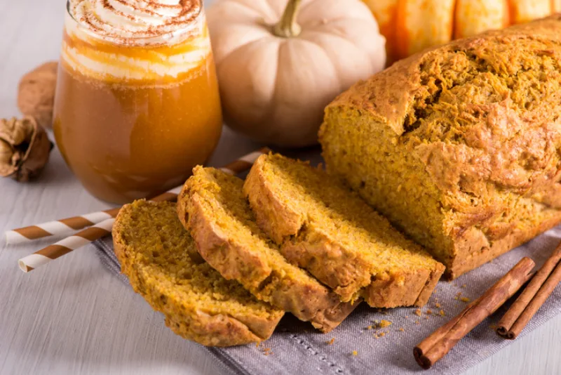 Pumpkin bread cake with pumpkin spice latte  for autumn fall dinner