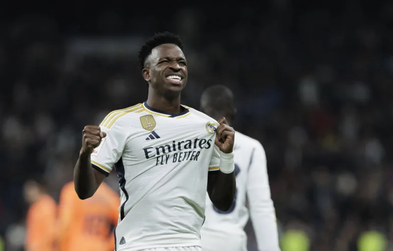 Santiago BernabÃ u Stadium MADRID, SPAIN - NOVEMBER 11: Vinicius jr of Real Madrid celebrates a goal during the La Liga