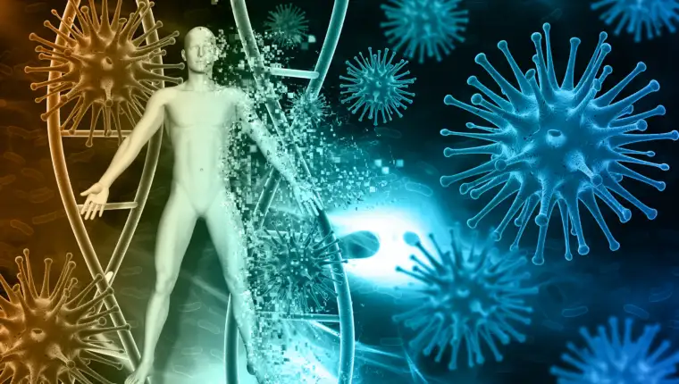 Medical background with 3D virus cells and blood cells and male