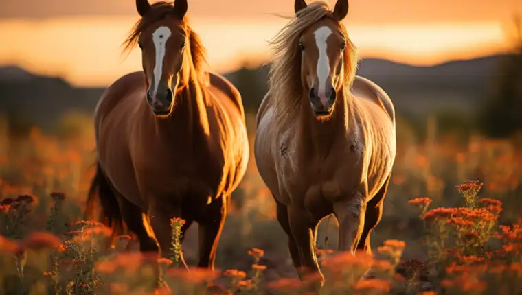 Horses stand amidst a field aglow with the golden light of dusk.