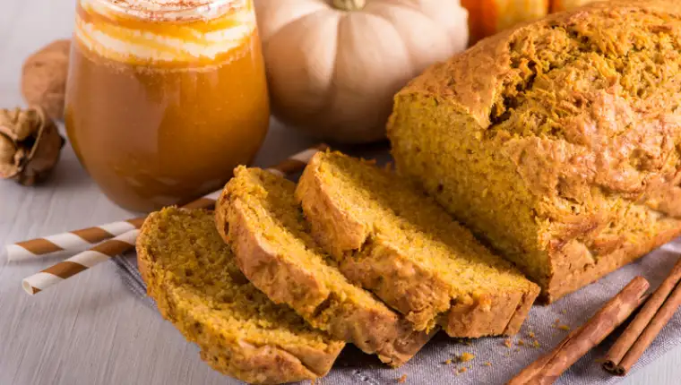 Pumpkin bread cake with pumpkin spice latte  for autumn fall dinner