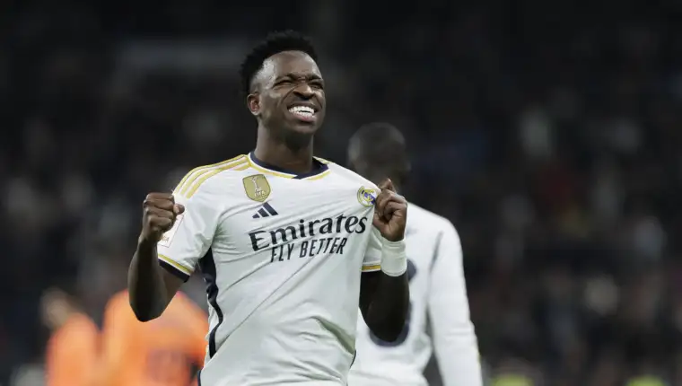 Santiago BernabÃ u Stadium MADRID, SPAIN - NOVEMBER 11: Vinicius jr of Real Madrid celebrates a goal during the La Liga
