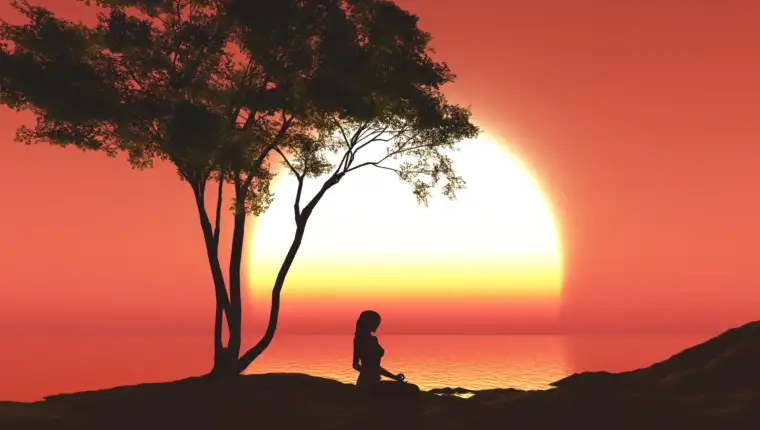 3D sunset landscape with female in yoga pose under a tree