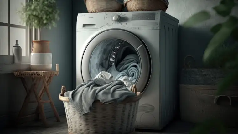 laundry room with a washing machine and a basket full of clothes. Ai generative