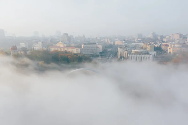 Aerial view of the city in the fog