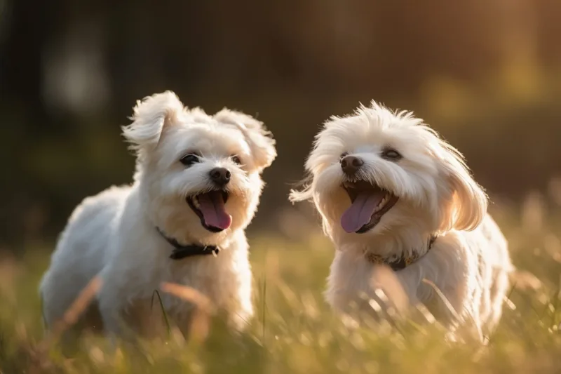 Happy pet dogs playing on grass
